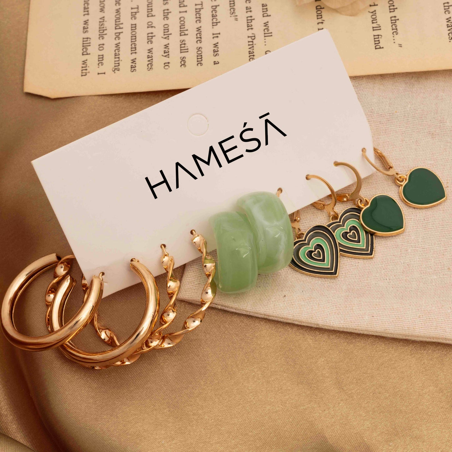 Green Heart Brass Hoop Stack For Women