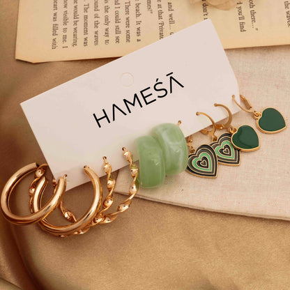 Green Heart Brass Hoop Stack For Women