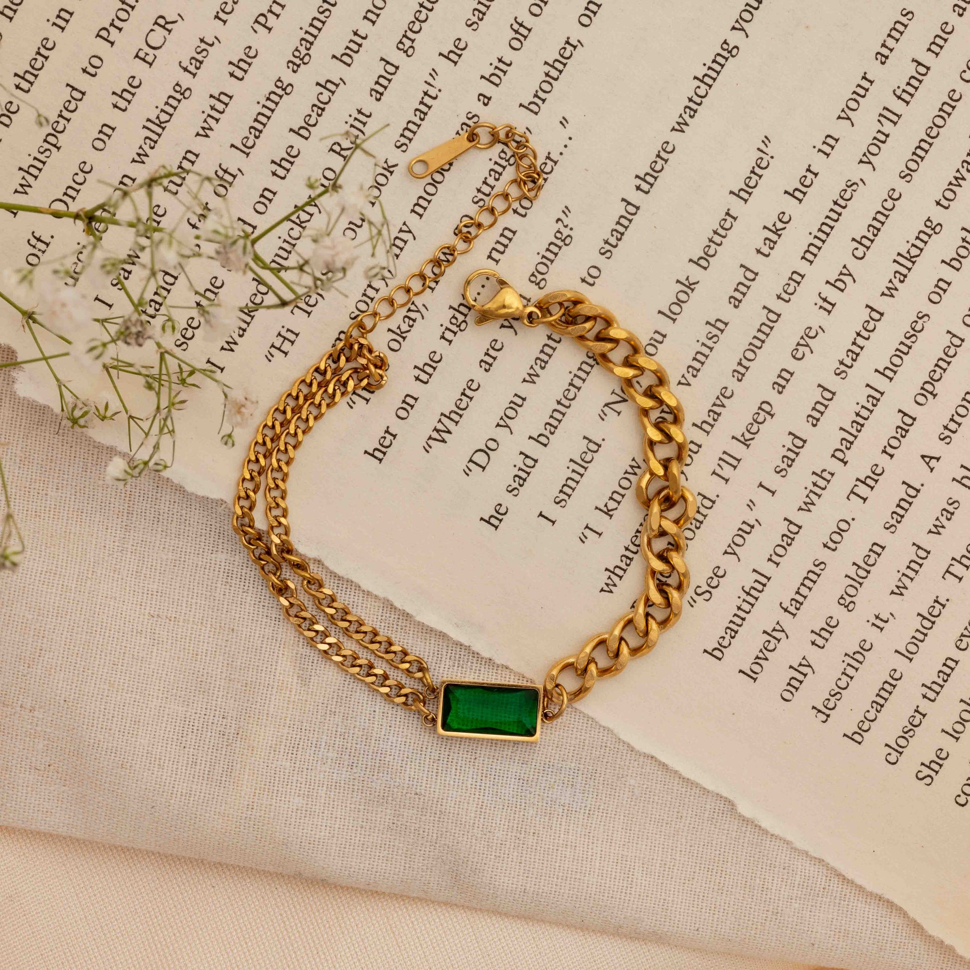 Green Stone Brass Chain Bracelet